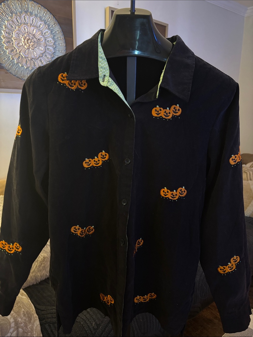 Black Button-Up Shirt with Orange Pumpkin Embroidery size L